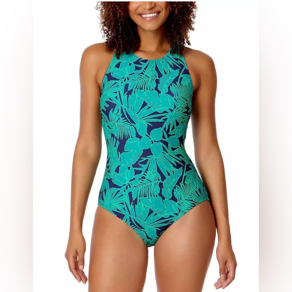 One Piece Swimsuit Lands' End Green and Navy